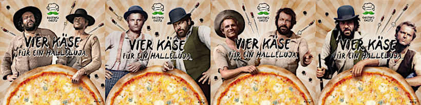 Die vier verschiedenen Pizzakartons nebeneinander.