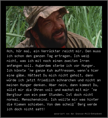 Ach, hör mal, ein Verrückter reicht mir. Den muss ich schon den ganzen Tag ertragen. Ich weiß nicht, was ich mit noch einen zweiten Irren anfangen soll. Außerdem sterbe ich vor Hunger. Ich könnte 'ne ganze Kuh auffressen, wenn's hier eine gäbe. Hättest Du mich nicht geholt, dann würde ich jetzt friedlich schnarchen und nicht an meinen Hunger denken. Aber nein, dann kommst Du, sülzt mir die Ohren voll und machst mit mir 'ne Bergtour von ein paar Stunden. Ist doch nicht normal, Menschenskind. Ich wollte mir was hinter die Kiemen schieben. Von dem scheiß' Berg werde ich doch nicht satt!