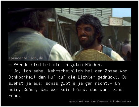 - Pferde sind bei mir in guten Händen.
- Ja, ich sehe. Wahrscheinlich hat der Zosse vor Dankbarkeit den Huf auf die Lichter gedrückt. Du siehst ja aus, sowas gibt's ja gar nicht.
- Oh nein, Señor, das war kein Pferd, das war meine Frau.