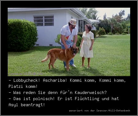 - Lobbycheck! Aschariba! Kommi komm, Kommi komm, Platzi komm!
- Was reden Sie denn für'n Kauderwelsch?
- Das ist polnisch! Er ist Flüchtling und hat Asyl beantragt!